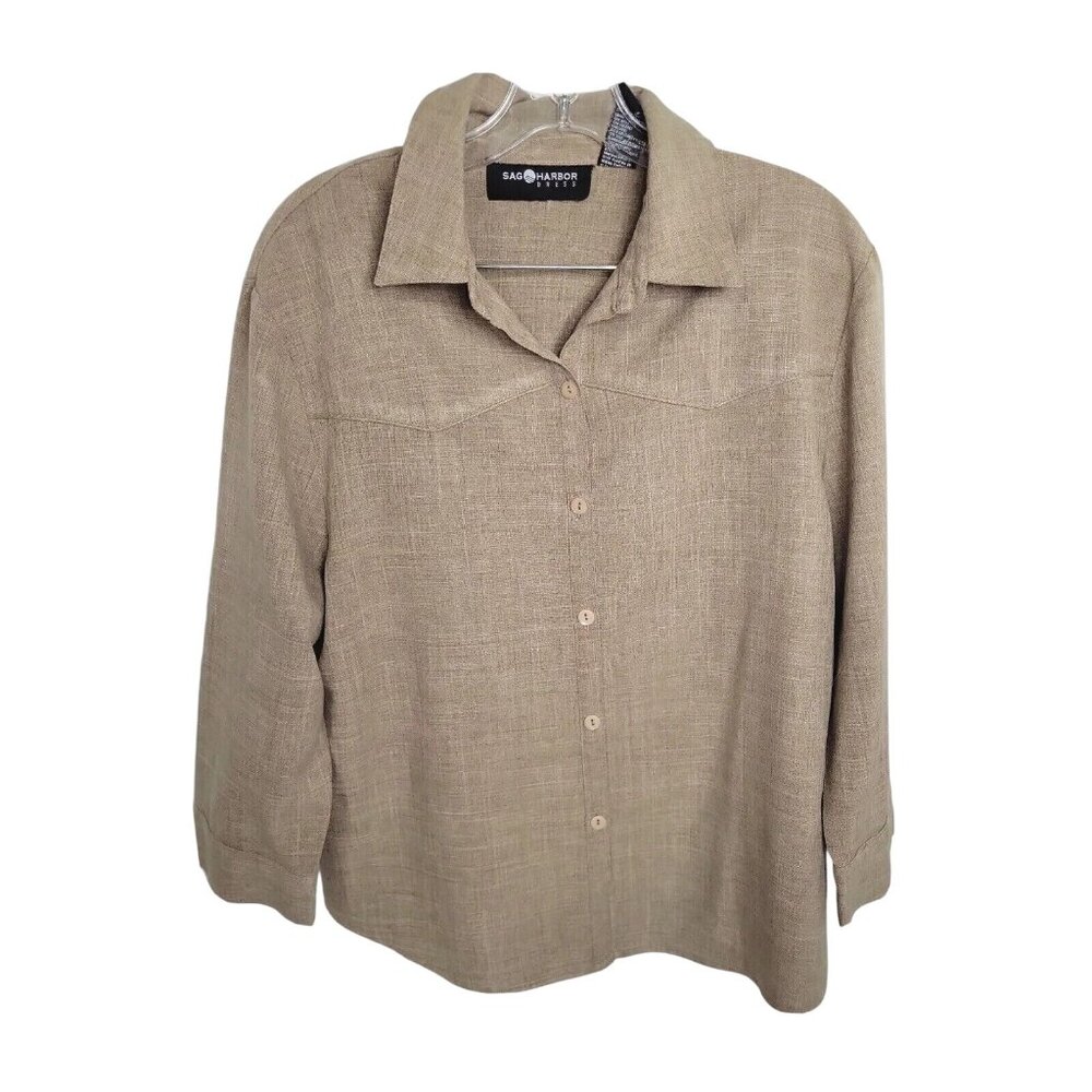 Sag Harbor Womens Beige Button-Up Shirt Size 18 100% Polyester Long Sleeve Casua
